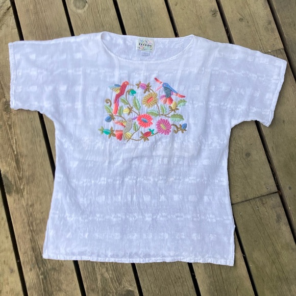 ELOHIM Top White Colorful Floral Embroidered Cotton Green Pink Blue Size Large - Picture 7 of 15